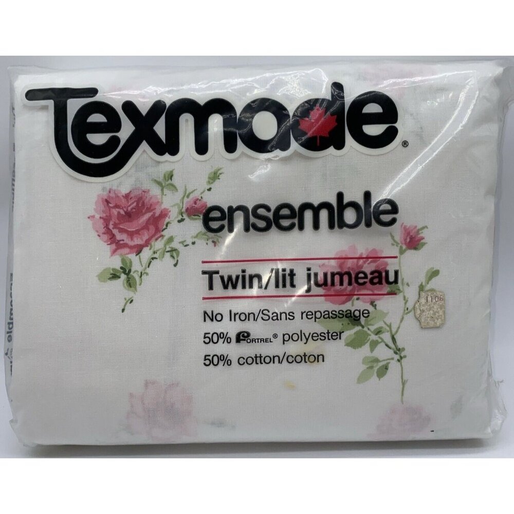 Texmade Twin Size Sheet Set Pink Rose Floral No Iron Vintage Canada Made 1980s